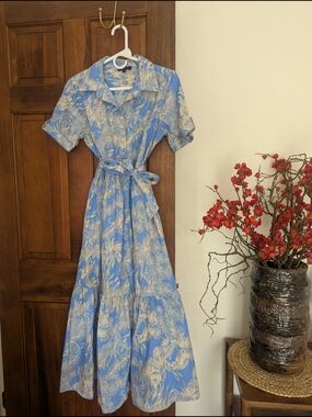 1. State Blue and Cream Printed Tie-Waist Maxi Shirt Dress